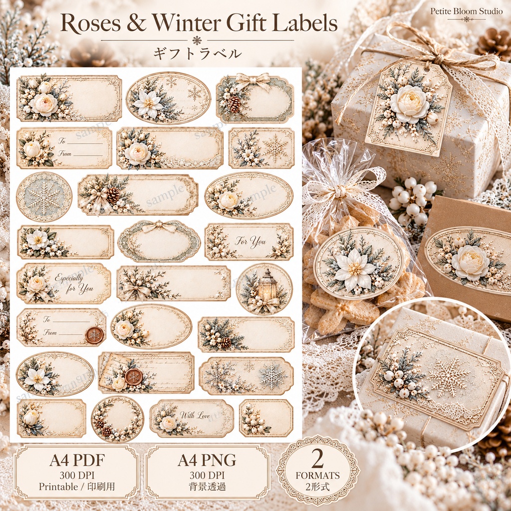 White Shabby Winter Gift Collection|白いバラとレースの冬ギフトラッピング 6シート
