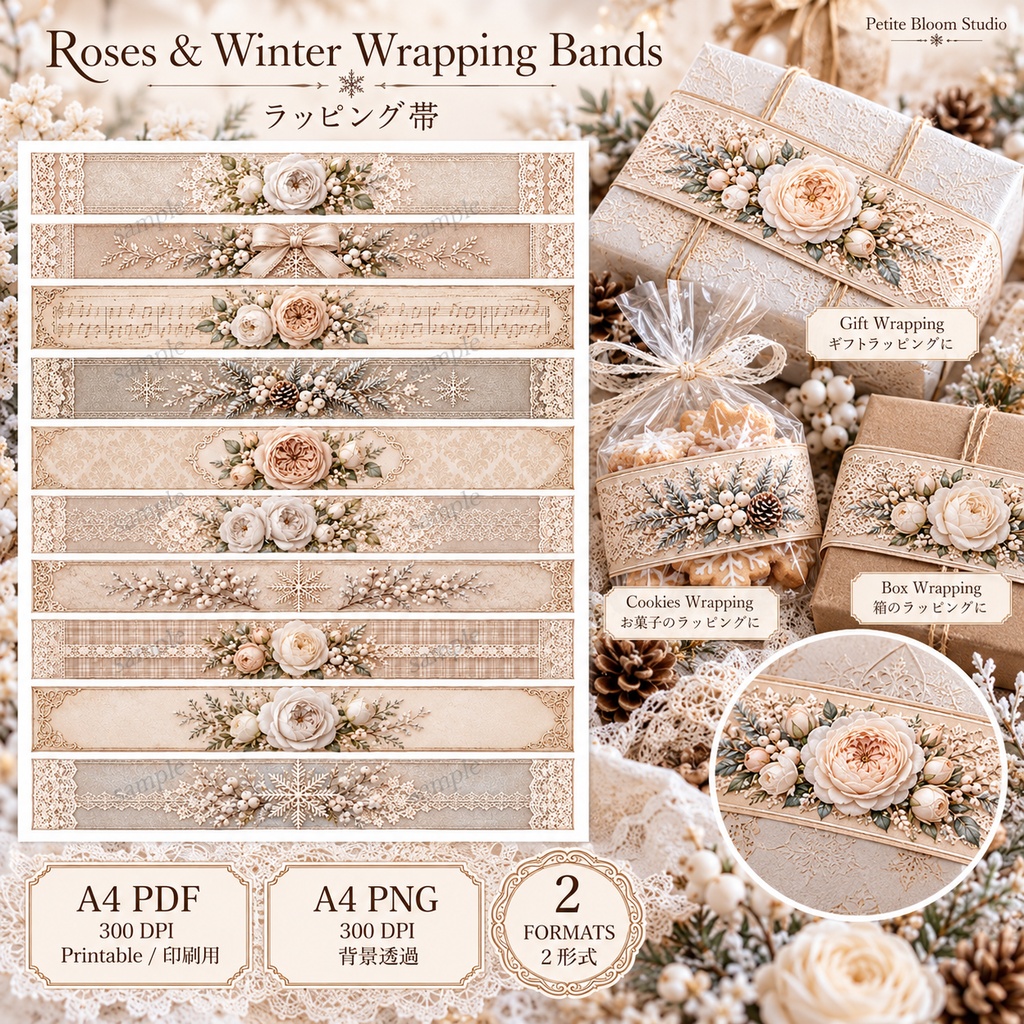 White Shabby Winter Gift Collection|白いバラとレースの冬ギフトラッピング 6シート