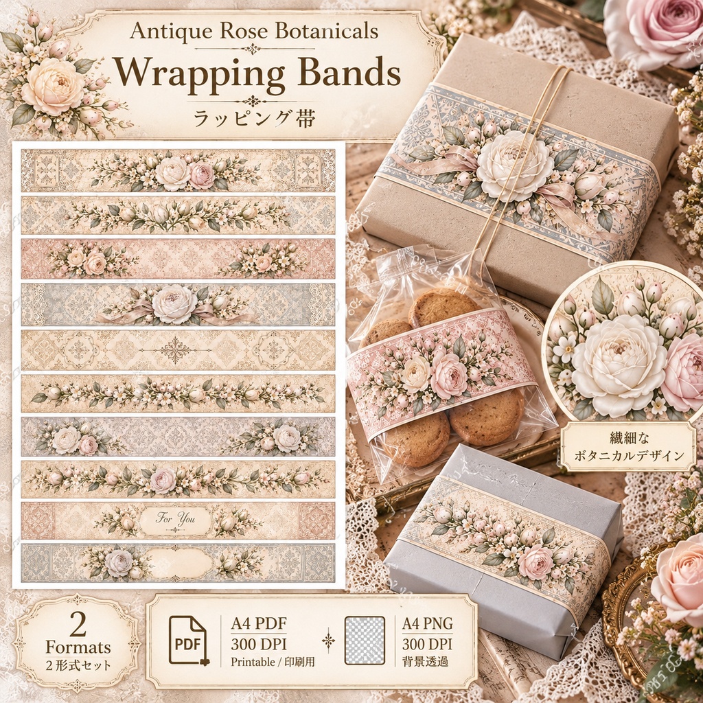 Antique Rose Botanicals|ヴィンテージローズのギフトラッピング素材 6シート アンティークローズ&ボタニカル|ギフトタグ・ラベル・ラッピング帯・ギフトヘッダー・メッセージカード・シール