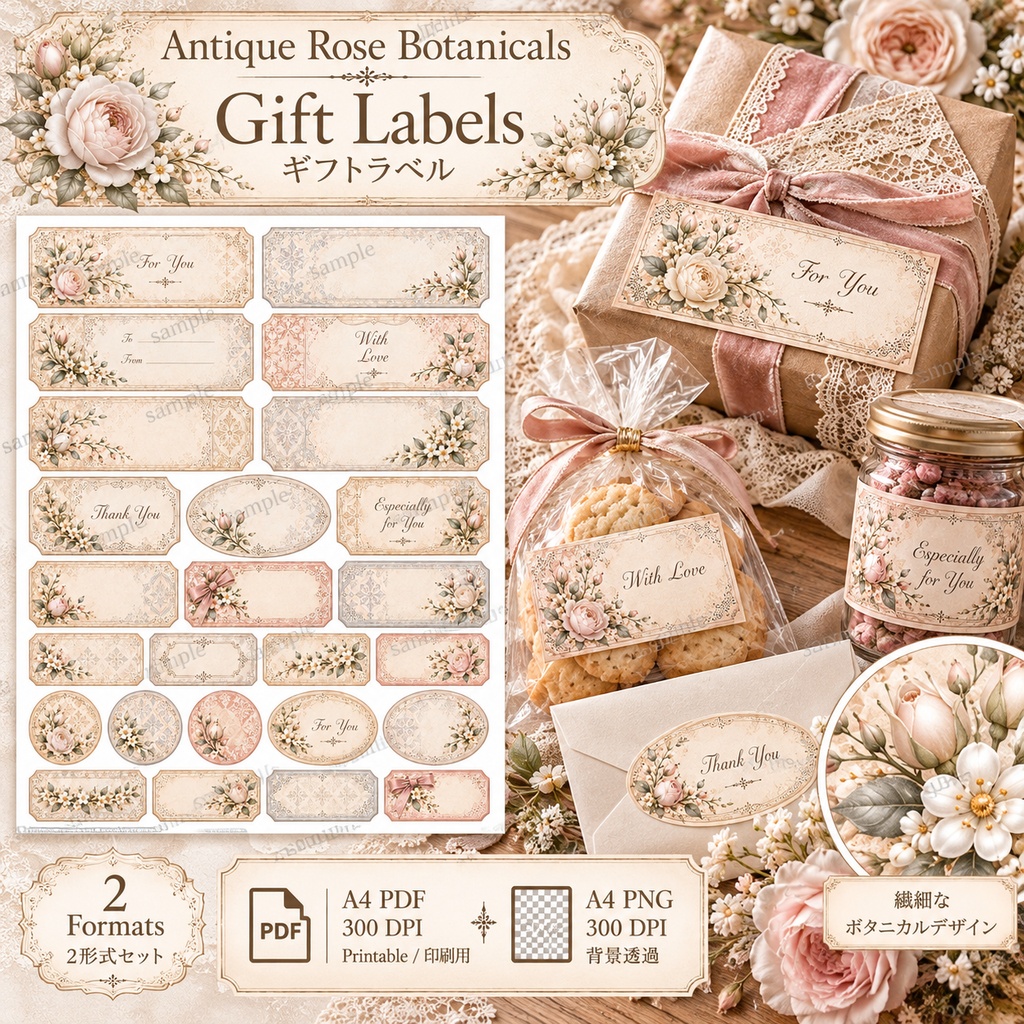 Antique Rose Botanicals|ヴィンテージローズのギフトラッピング素材 6シート アンティークローズ&ボタニカル|ギフトタグ・ラベル・ラッピング帯・ギフトヘッダー・メッセージカード・シール