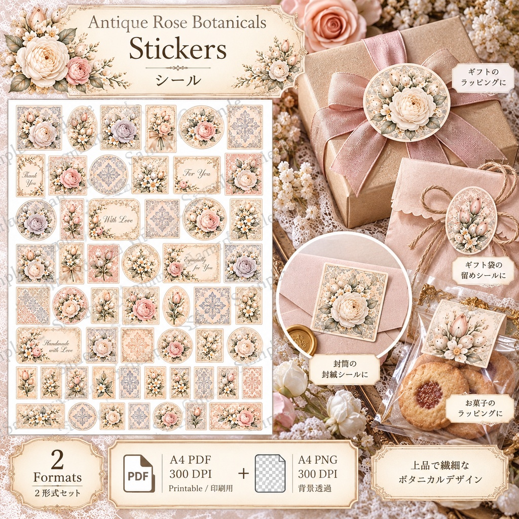 Antique Rose Botanicals|ヴィンテージローズのギフトラッピング素材 6シート アンティークローズ&ボタニカル|ギフトタグ・ラベル・ラッピング帯・ギフトヘッダー・メッセージカード・シール