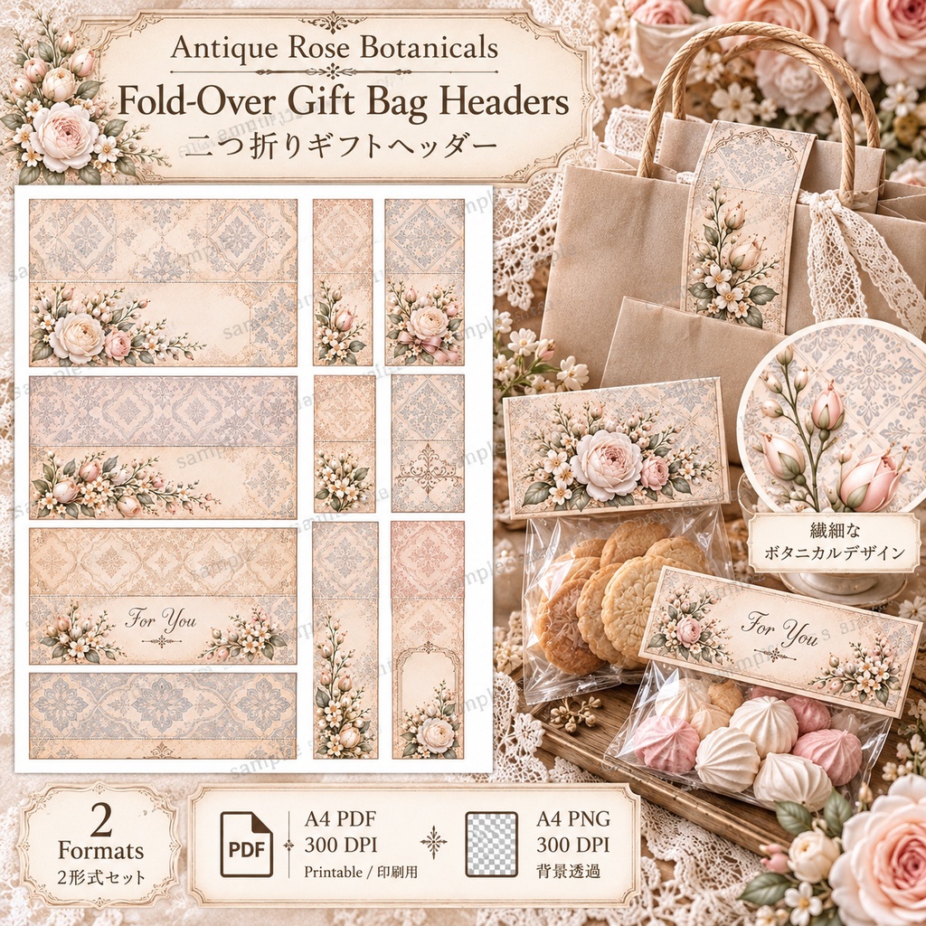 Antique Rose Botanicals|ヴィンテージローズのギフトラッピング素材 6シート アンティークローズ&ボタニカル|ギフトタグ・ラベル・ラッピング帯・ギフトヘッダー・メッセージカード・シール