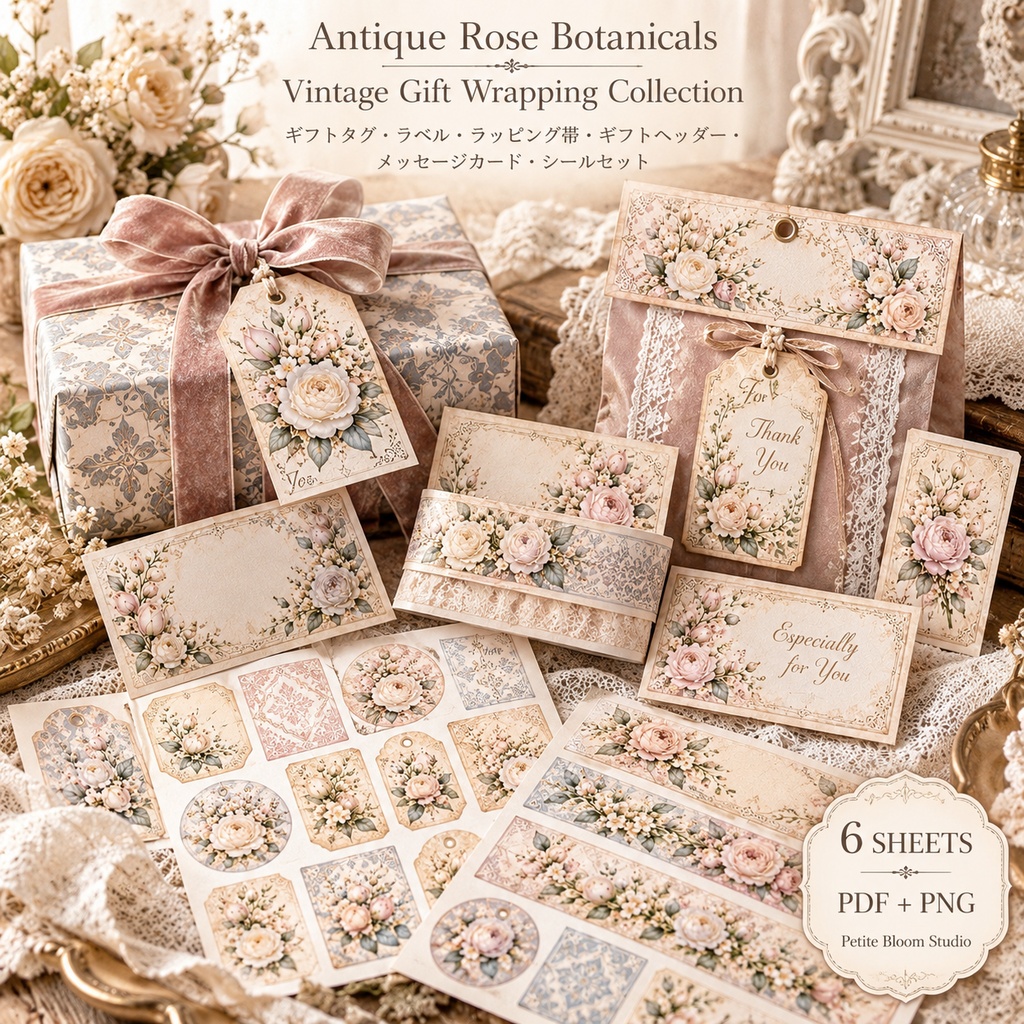 Antique Rose Botanicals|ヴィンテージローズのギフトラッピング素材 6シート アンティークローズ&ボタニカル|ギフトタグ・ラベル・ラッピング帯・ギフトヘッダー・メッセージカード・シール