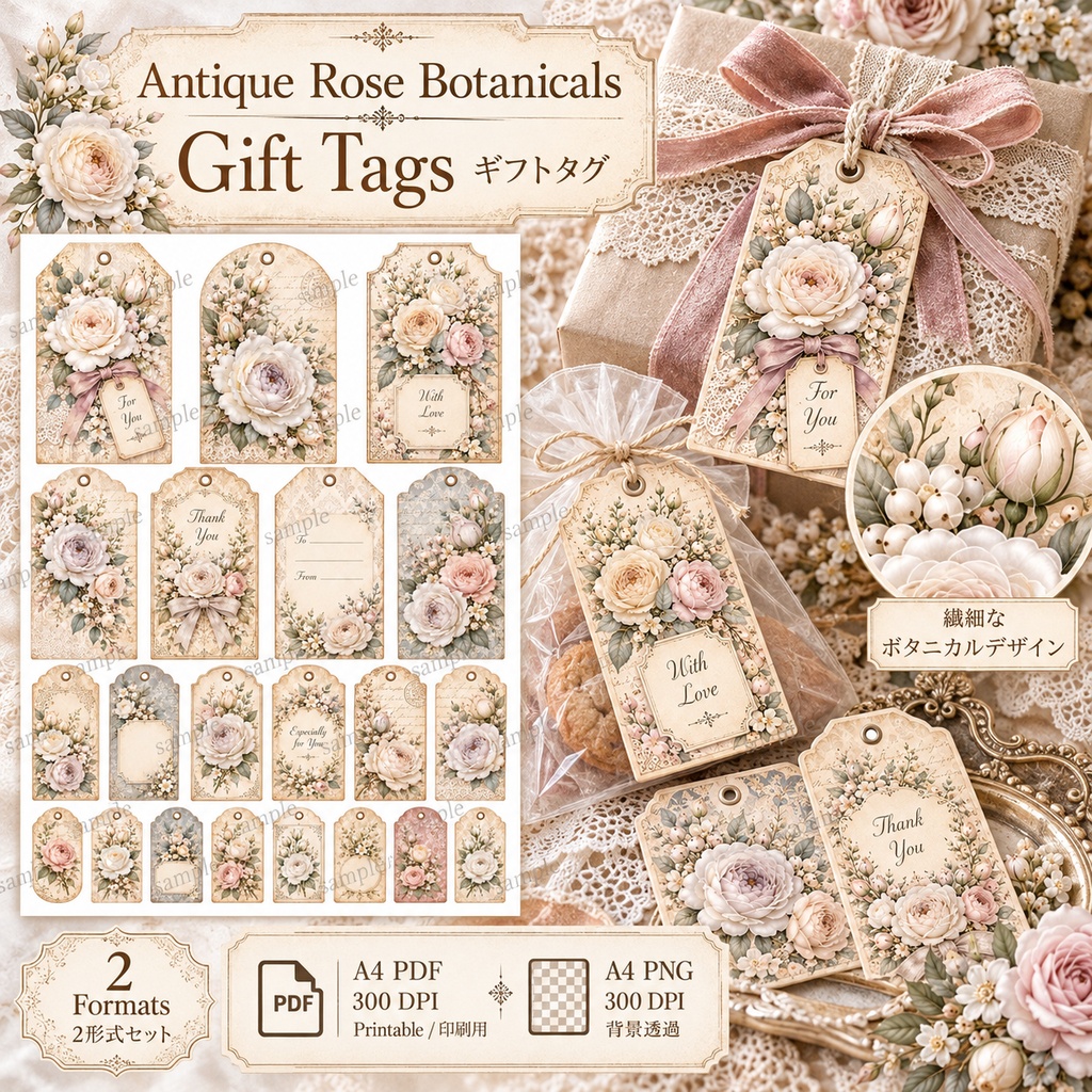 Antique Rose Botanicals|ヴィンテージローズのギフトラッピング素材 6シート アンティークローズ&ボタニカル|ギフトタグ・ラベル・ラッピング帯・ギフトヘッダー・メッセージカード・シール