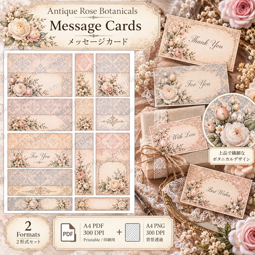 Antique Rose Botanicals|ヴィンテージローズのギフトラッピング素材 6シート アンティークローズ&ボタニカル|ギフトタグ・ラベル・ラッピング帯・ギフトヘッダー・メッセージカード・シール