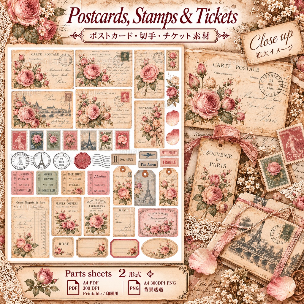 Vintage Rose Paper Collection|アンティークローズ&ヴィンテージ紙もの素材 14シート