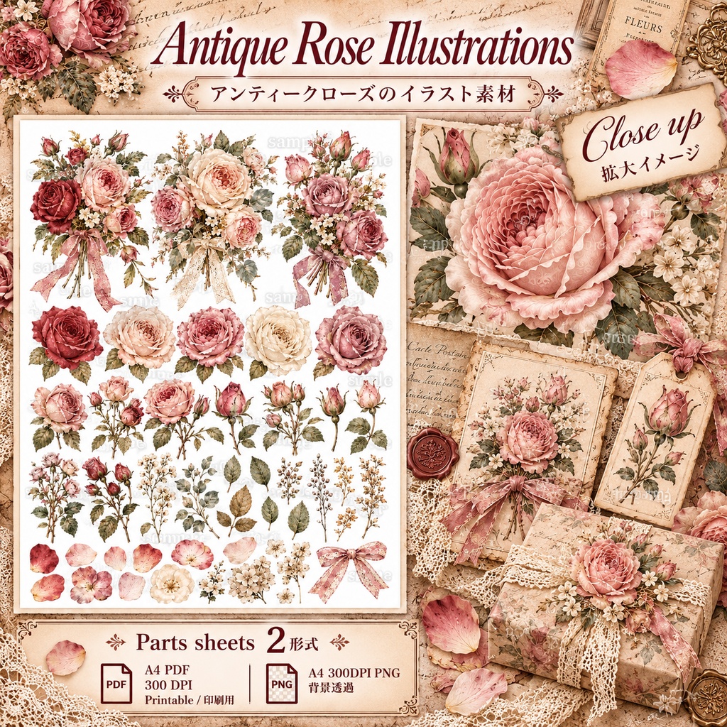 Vintage Rose Paper Collection|アンティークローズ&ヴィンテージ紙もの素材 14シート