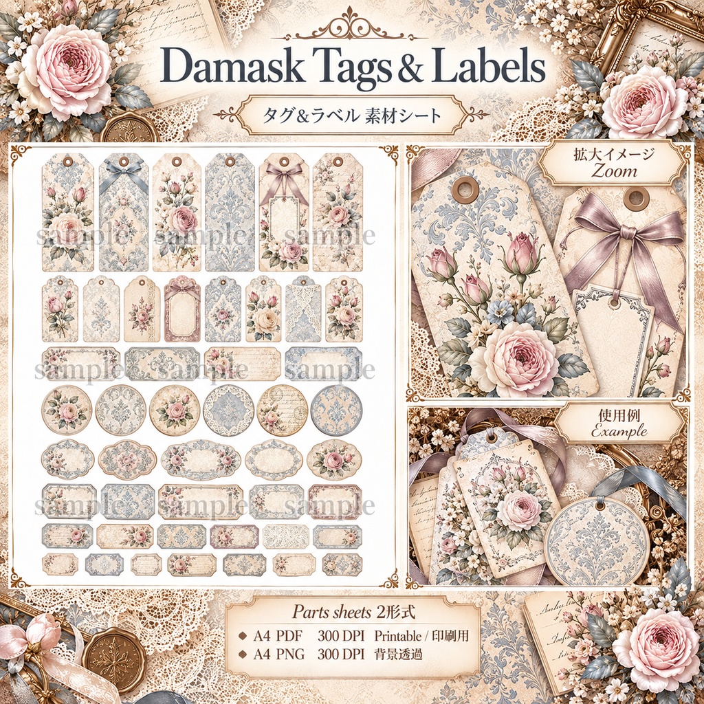Antique Damask Rose Collection|アンティークダマスク&ローズ|ジャンクジャーナル・コラージュ素材
