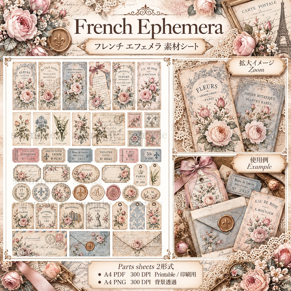 Antique Damask Rose Collection|アンティークダマスク&ローズ|ジャンクジャーナル・コラージュ素材