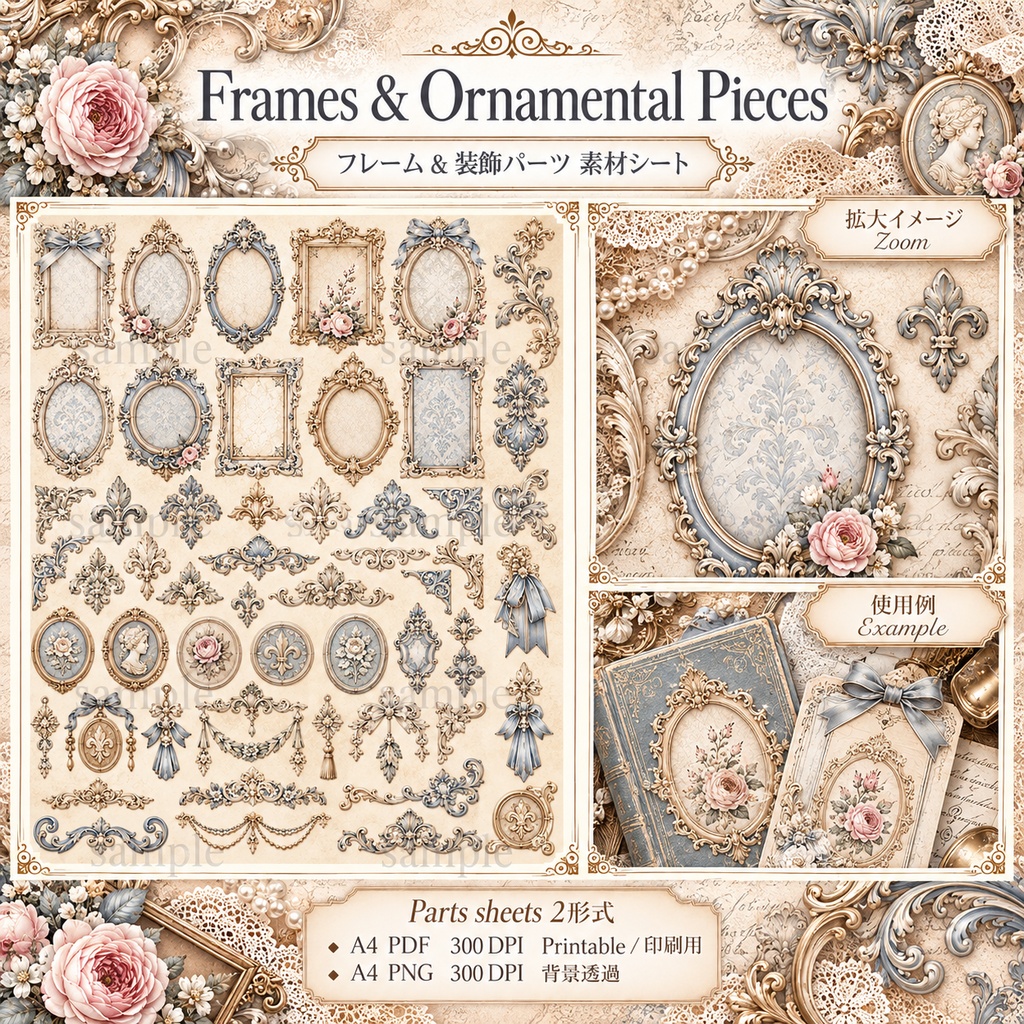 Antique Damask Rose Collection|アンティークダマスク&ローズ|ジャンクジャーナル・コラージュ素材