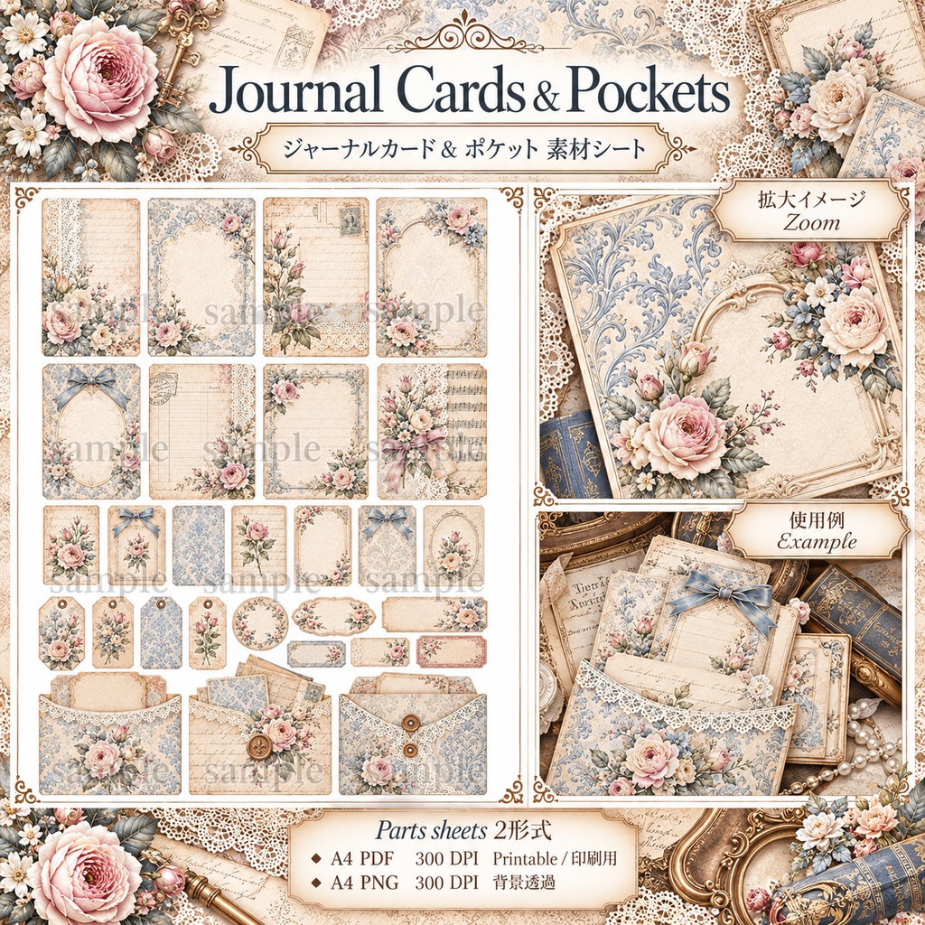 Antique Damask Rose Collection|アンティークダマスク&ローズ|ジャンクジャーナル・コラージュ素材