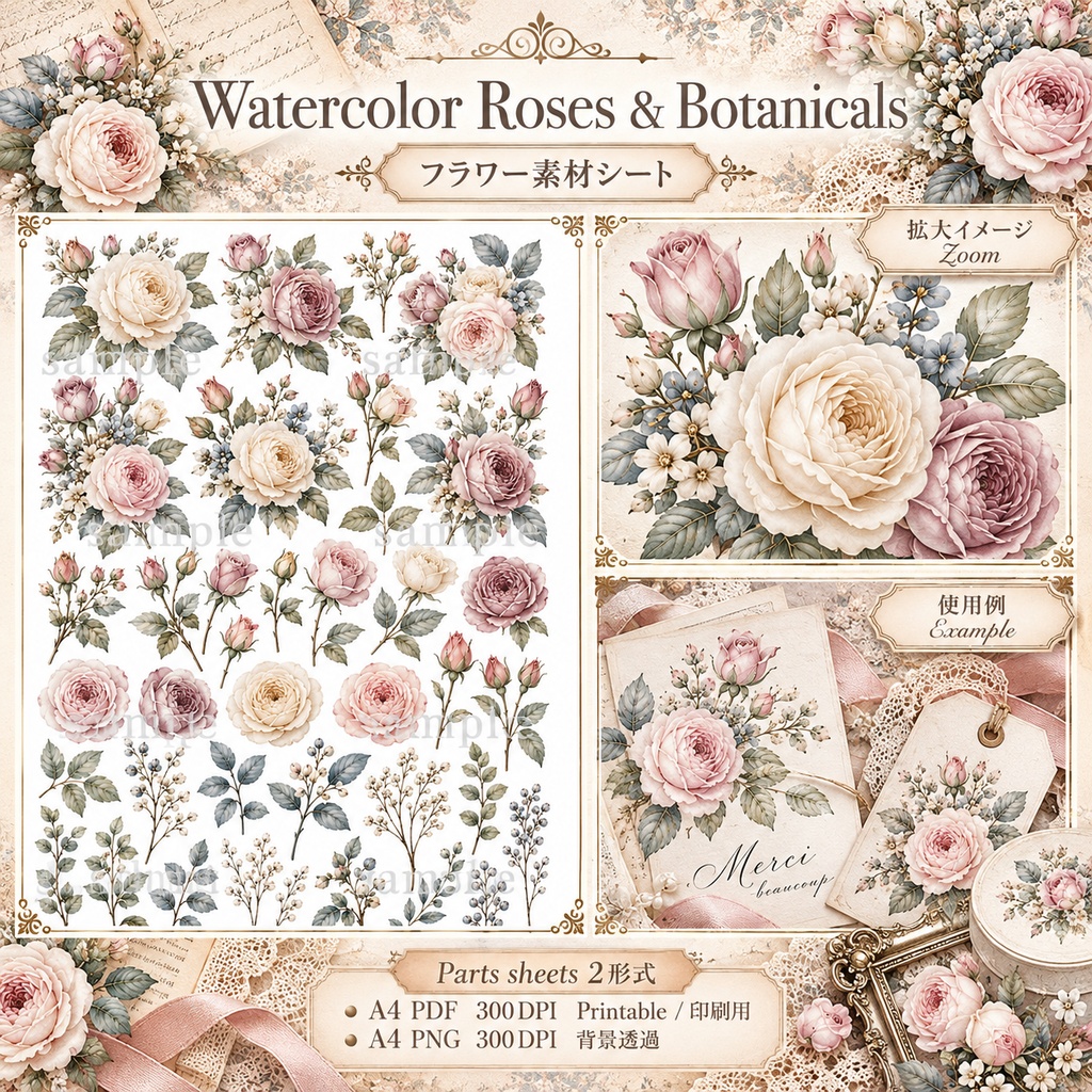 Antique Damask Rose Collection|アンティークダマスク&ローズ|ジャンクジャーナル・コラージュ素材