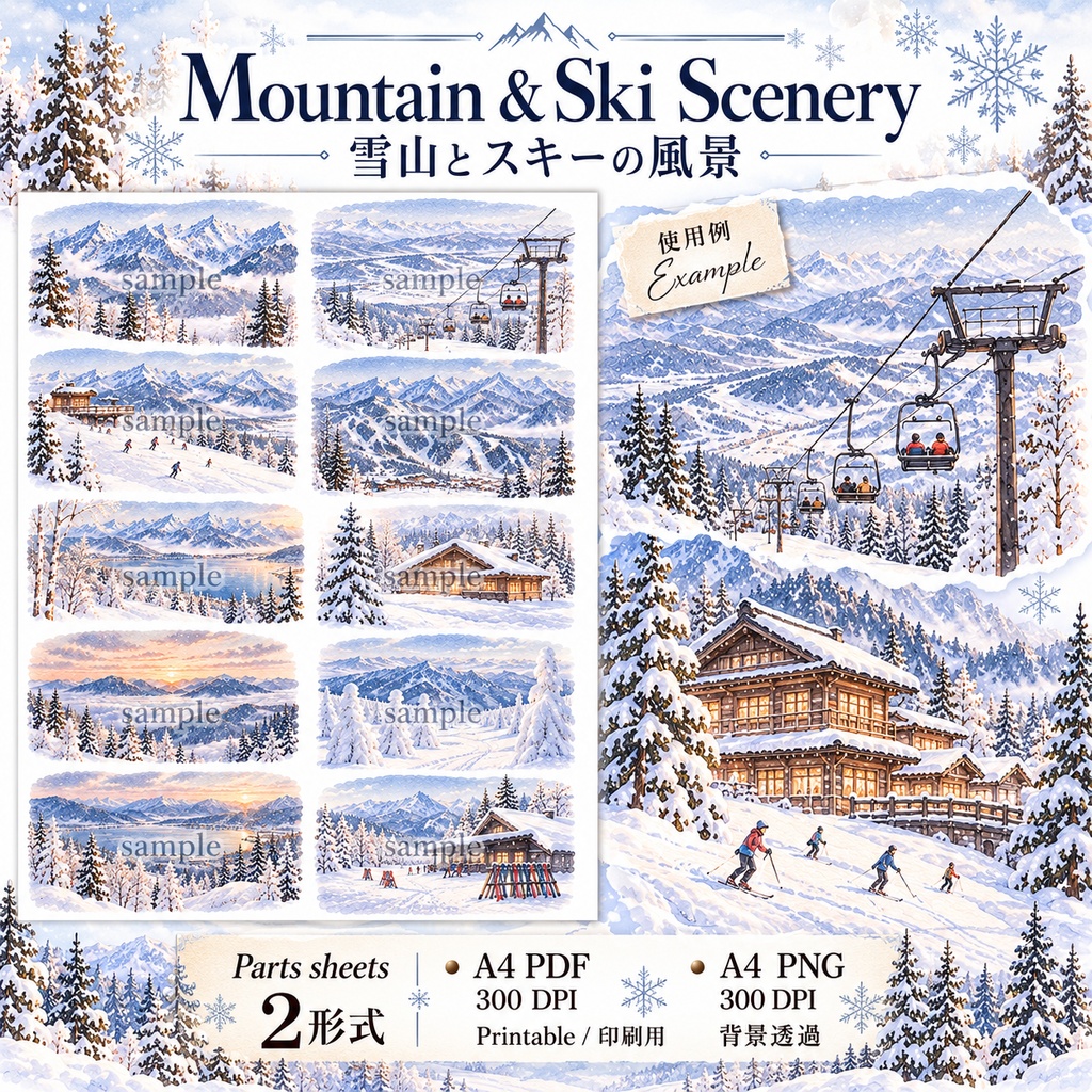 Japanese Rural Winter Travel Collection|日本の雪国と冬旅 水彩素材セット|温泉郷・山里・雪山・旅素材