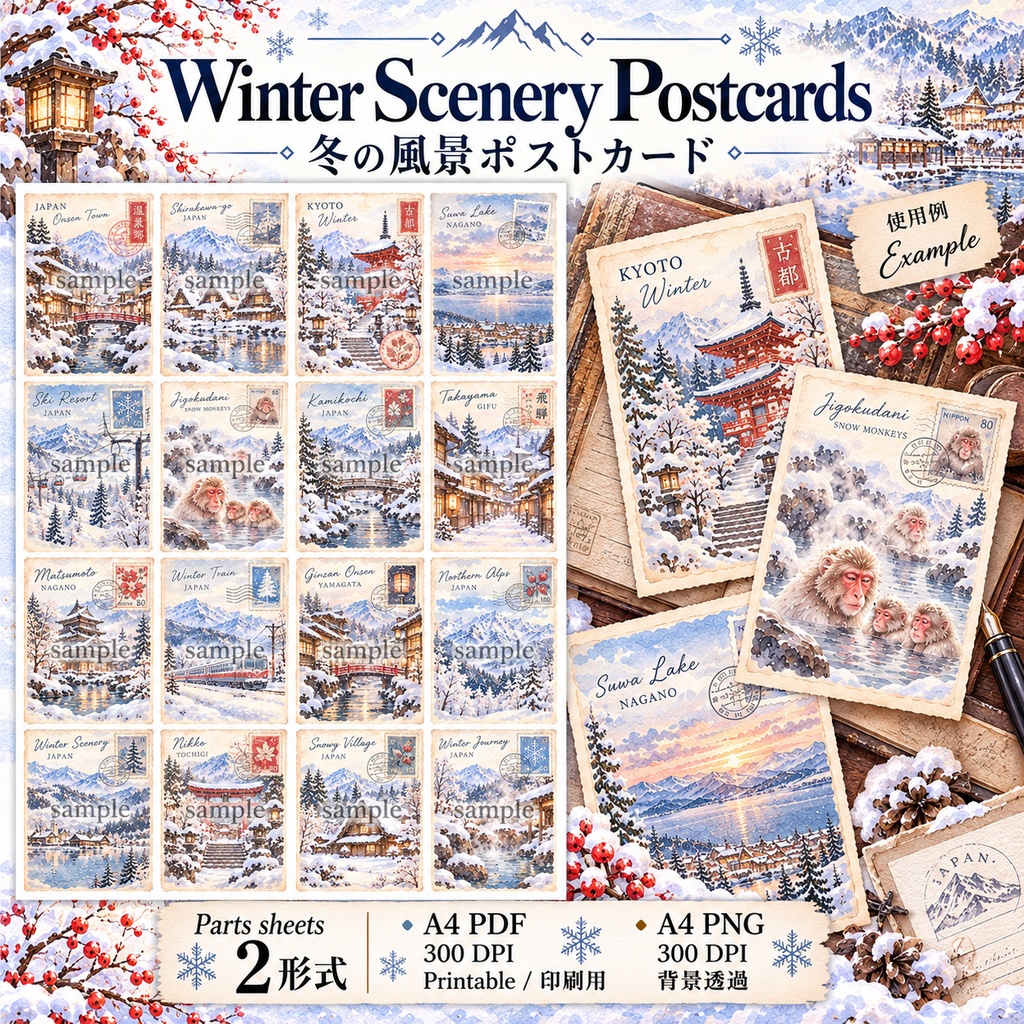 Japanese Rural Winter Travel Collection|日本の雪国と冬旅 水彩素材セット|温泉郷・山里・雪山・旅素材