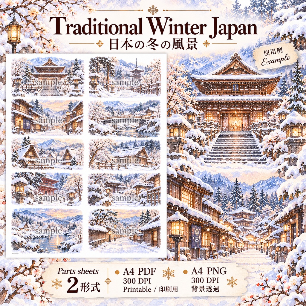 Japanese Rural Winter Travel Collection|日本の雪国と冬旅 水彩素材セット|温泉郷・山里・雪山・旅素材