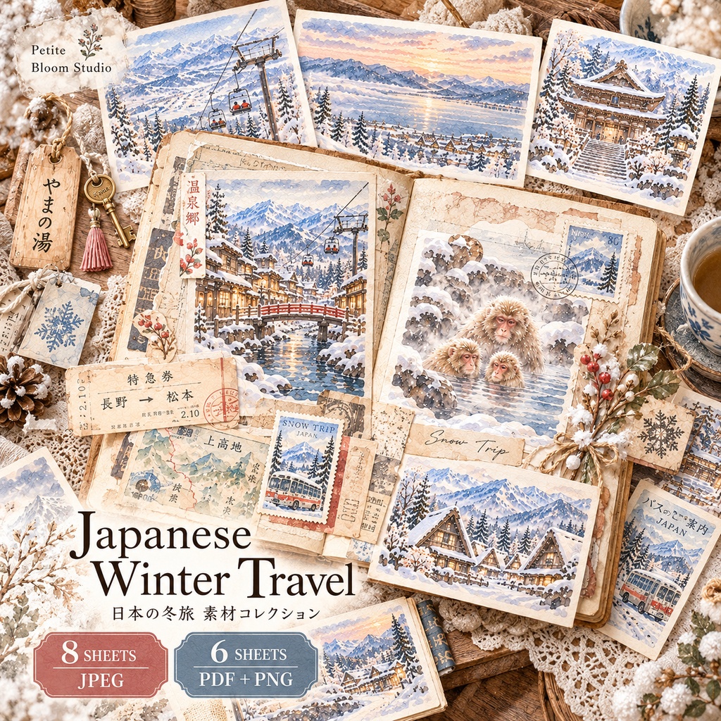 Japanese Rural Winter Travel Collection｜日本の雪国と冬旅 水彩素材セット｜温泉郷・山里・雪山・旅素材
