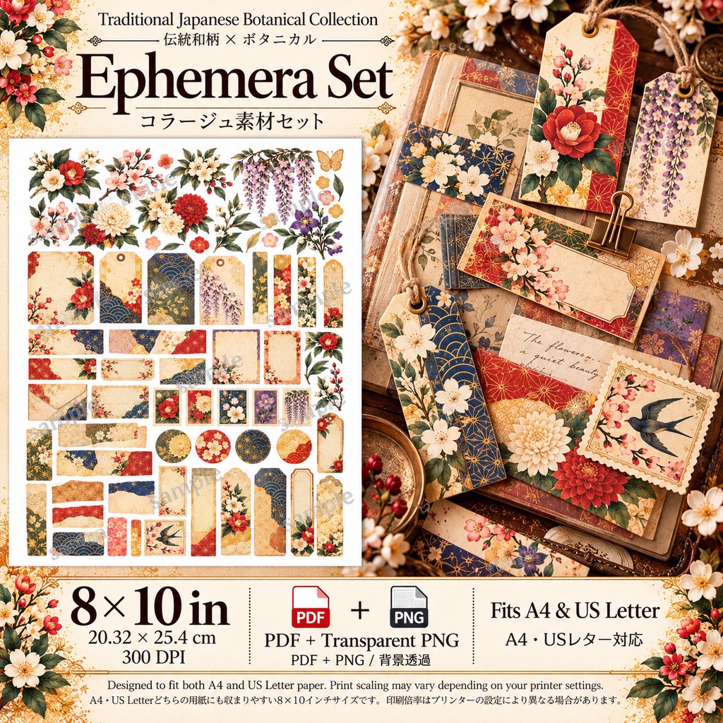 Traditional Japanese Botanical Collection|伝統和柄 × ボタニカル|和モダン ラッピング・ジャーナル素材セット