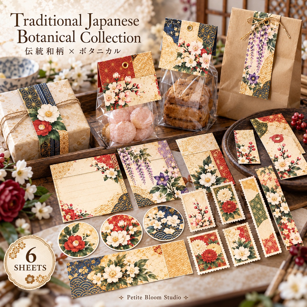 Traditional Japanese Botanical Collection｜伝統和柄 × ボタニカル｜和モダン ラッピング・ジャーナル素材セット