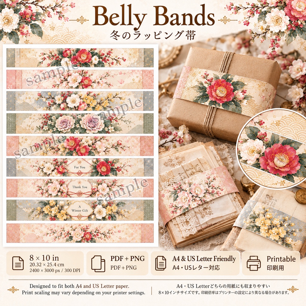 和花の冬ギフト&ジャーナル素材セット|椿・桜・梅・葉牡丹|Winter Botanical Paper Collection