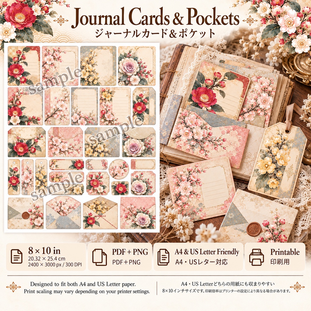 和花の冬ギフト&ジャーナル素材セット|椿・桜・梅・葉牡丹|Winter Botanical Paper Collection