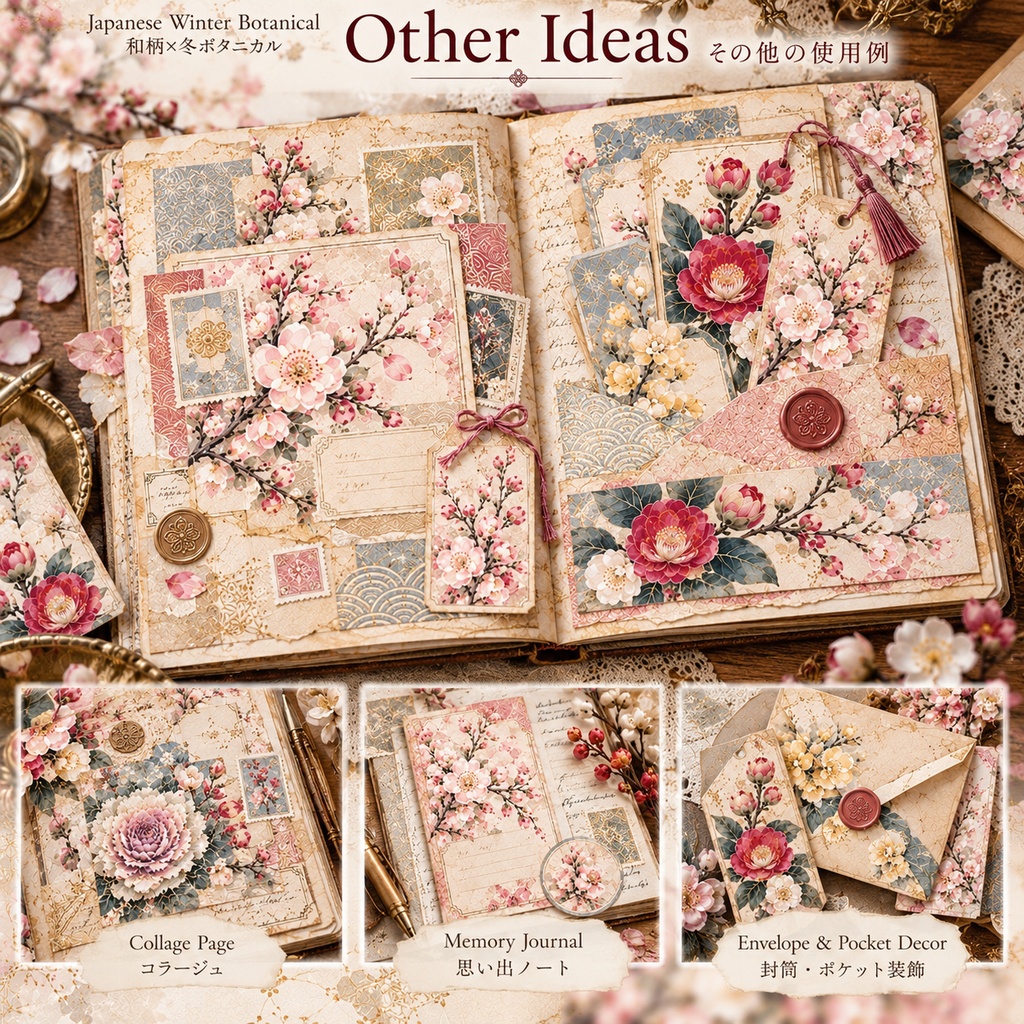 和花の冬ギフト&ジャーナル素材セット|椿・桜・梅・葉牡丹|Winter Botanical Paper Collection