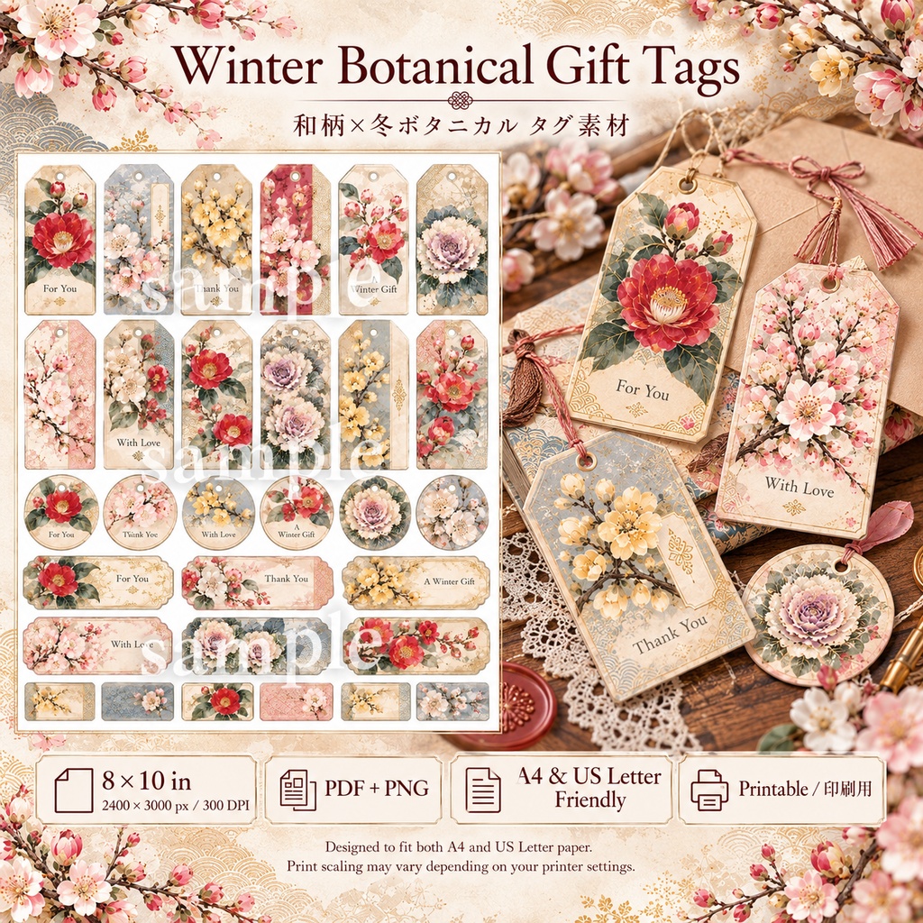 和花の冬ギフト&ジャーナル素材セット|椿・桜・梅・葉牡丹|Winter Botanical Paper Collection