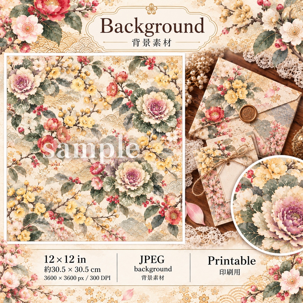 冬の和花ペーパーコレクション|椿・桜・蝋梅・葉牡丹|背景4枚+紙もの素材6シート|ジャンクジャーナル・ギフトラッピング