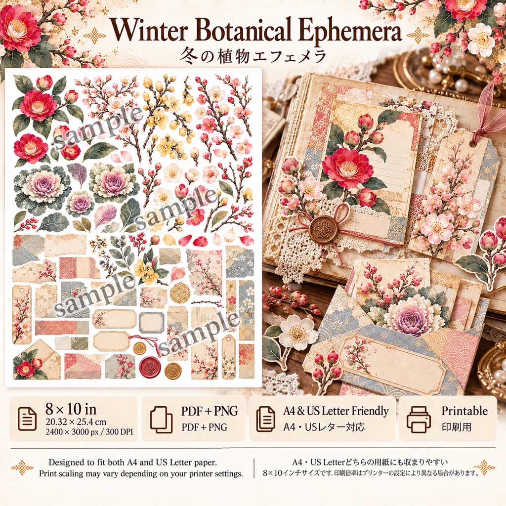 和花の冬ギフト&ジャーナル素材セット|椿・桜・梅・葉牡丹|Winter Botanical Paper Collection