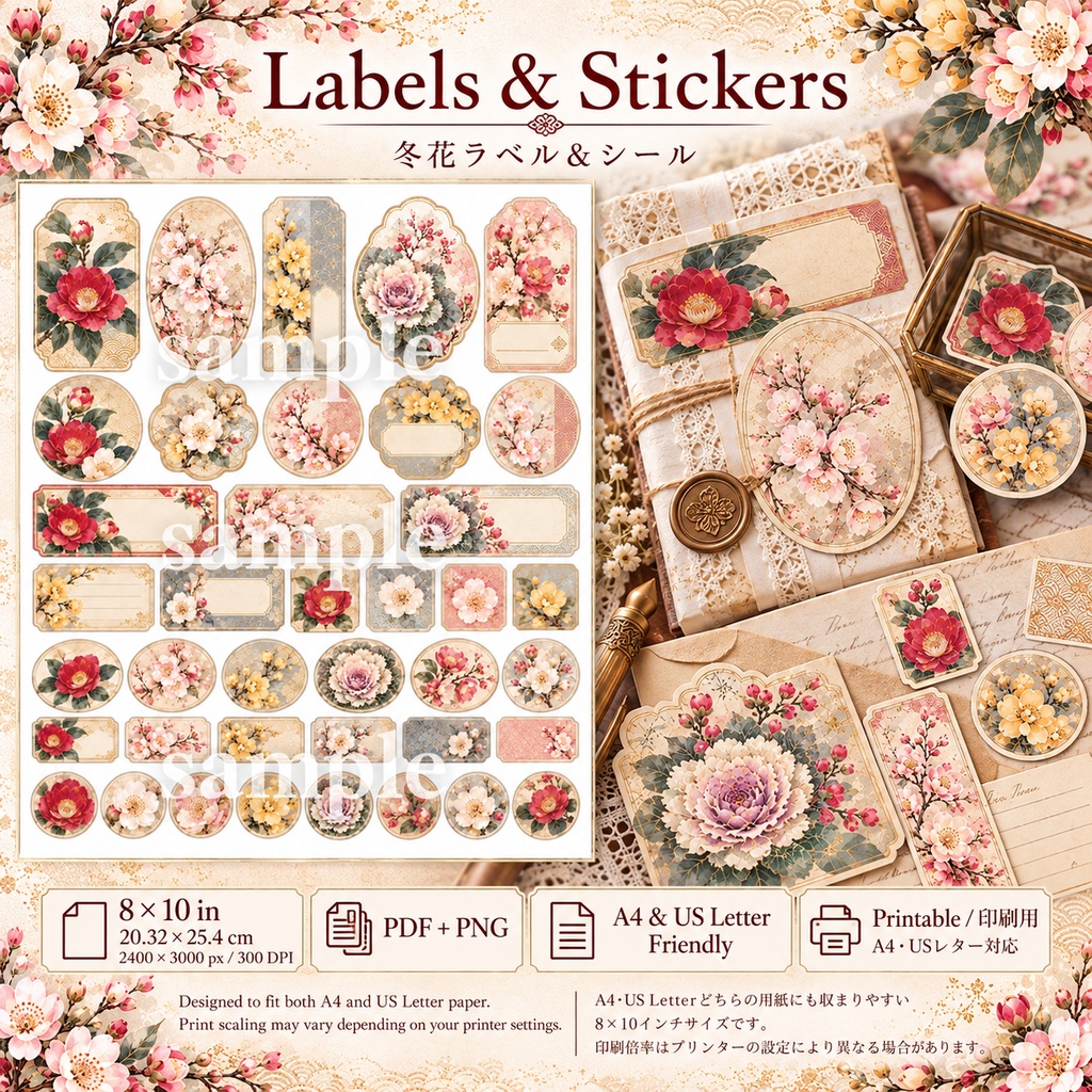 和花の冬ギフト&ジャーナル素材セット|椿・桜・梅・葉牡丹|Winter Botanical Paper Collection
