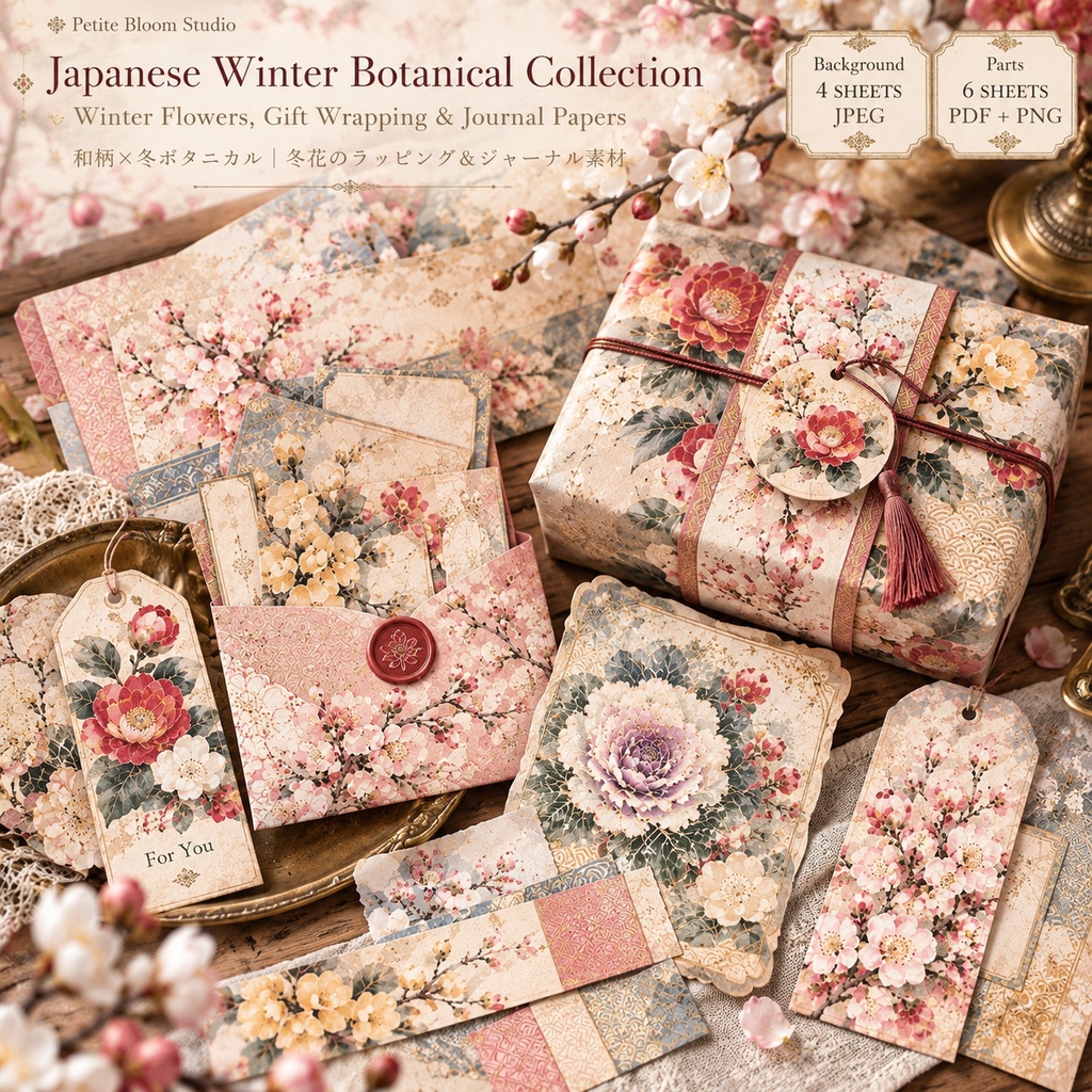 和花の冬ギフト&ジャーナル素材セット|椿・桜・梅・葉牡丹|Winter Botanical Paper Collection
