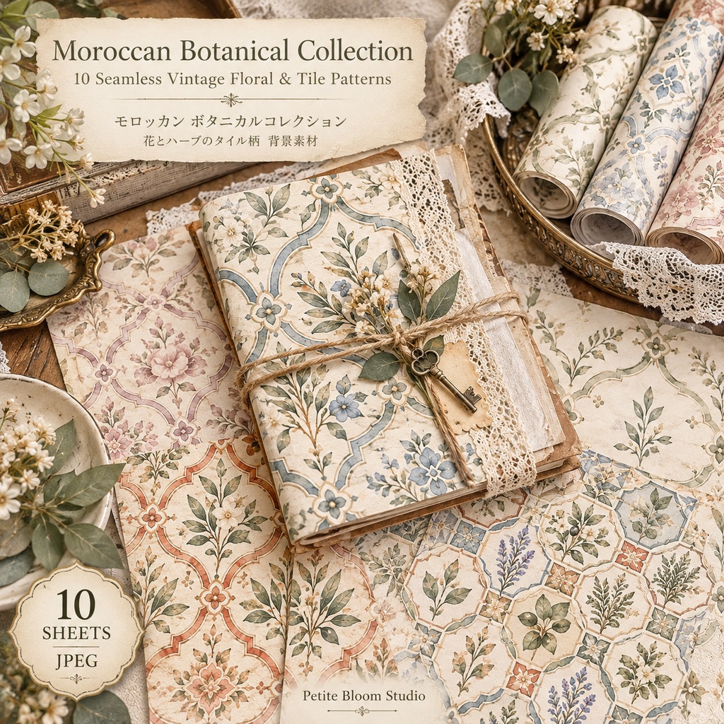 Moroccan Botanical Collection｜モロッカンボタニカル背景素材 10枚セット｜花柄・植物・モロッコタイル風デジタルペーパー