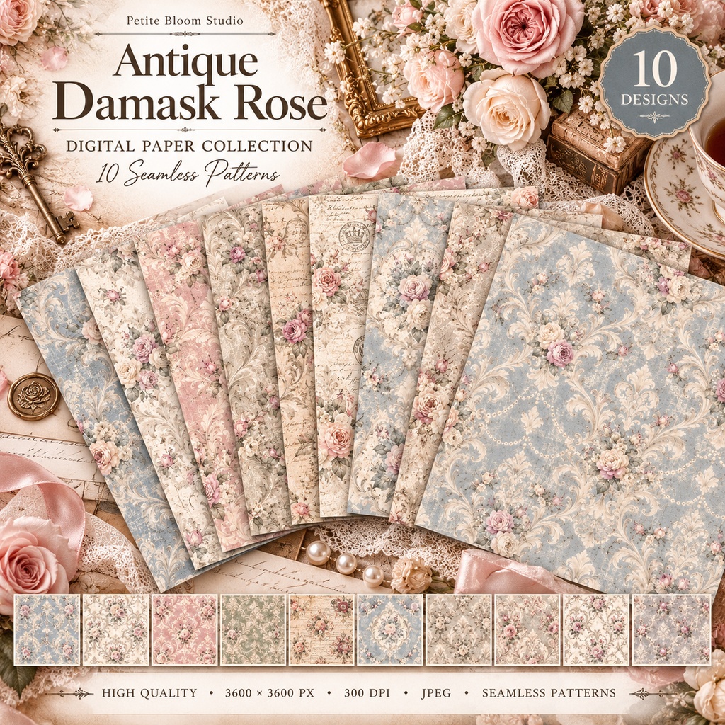 アンティークダマスクローズ 背景素材セット|薔薇・ダマスク・ヴィンテージペーパー|Antique Damask Rose Collection