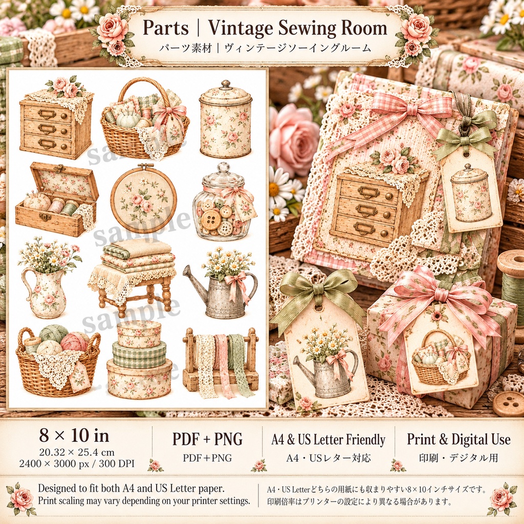 Rose Bunny Collection|Vintage Sewing Room ローズバニーの小さな裁縫部屋|背景素材8枚セット