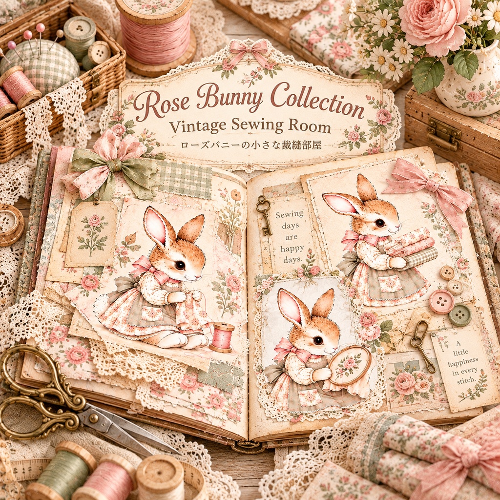 Rose Bunny Collection|Vintage Sewing Room ローズバニーの小さな裁縫部屋|背景素材8枚セット