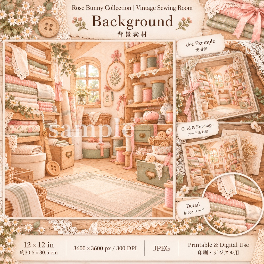 Rose Bunny Collection|Vintage Sewing Room ローズバニーの小さな裁縫部屋|背景素材8枚セット