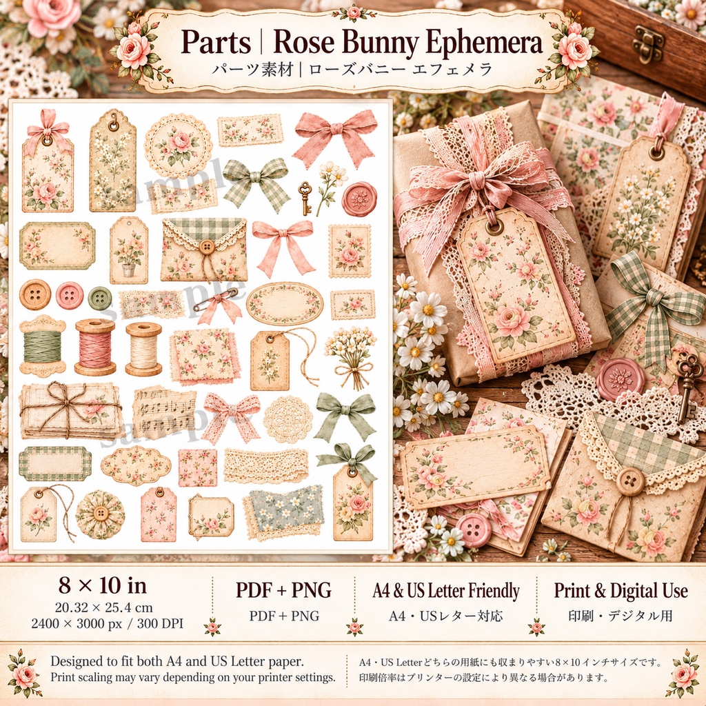 Rose Bunny Collection|Vintage Sewing Room ローズバニーの小さな裁縫部屋|背景素材8枚セット