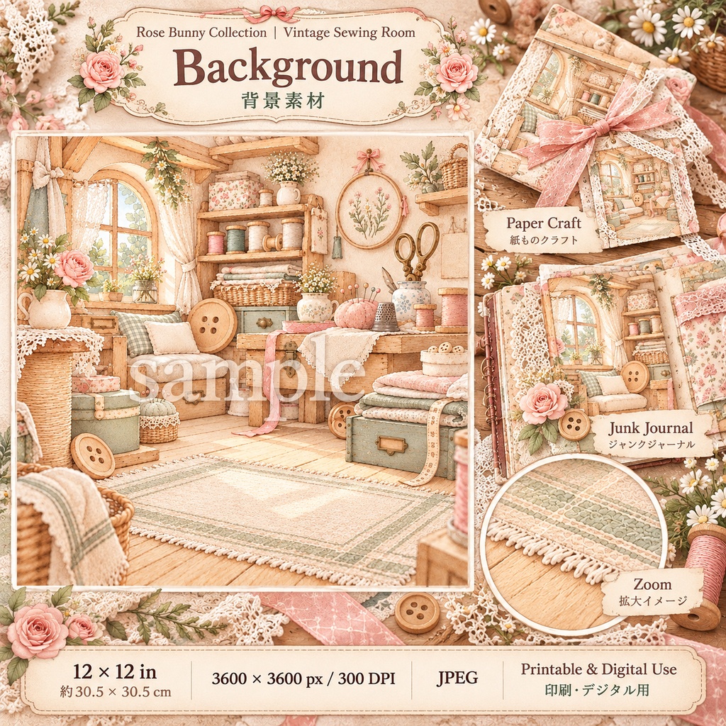 Rose Bunny Collection|Vintage Sewing Room ローズバニーの小さな裁縫部屋|背景素材8枚セット