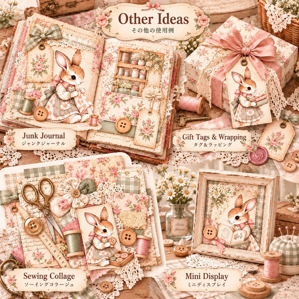 Rose Bunny Collection|Vintage Sewing Room ローズバニーの小さな裁縫部屋|背景素材8枚セット