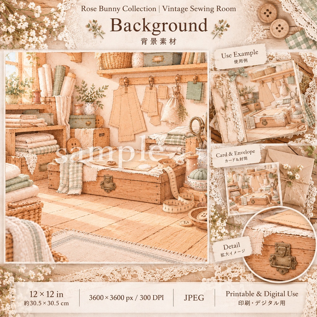 Rose Bunny Collection|Vintage Sewing Room ローズバニーの小さな裁縫部屋|背景素材8枚セット