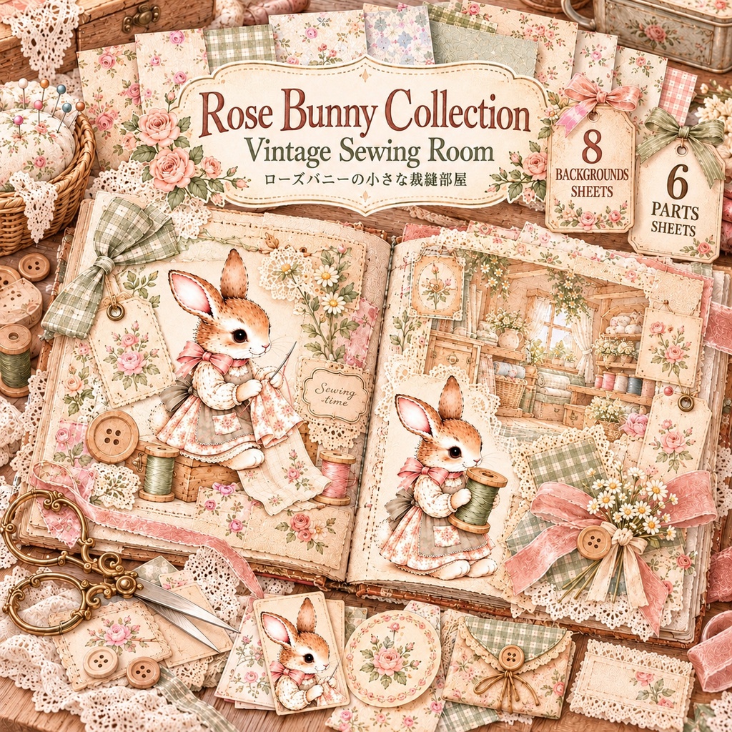 Rose Bunny Collection|Vintage Sewing Room ローズバニーの小さな裁縫部屋|背景素材8枚セット