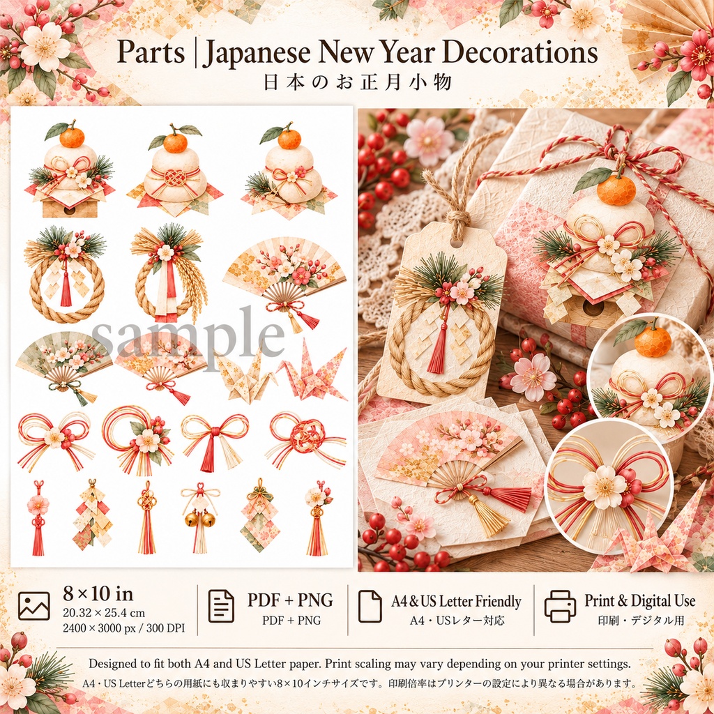 【Japanese New Year Botanical Collection】 日本のお正月ボタニカル|和紙・梅・椿・松のデジタル素材集