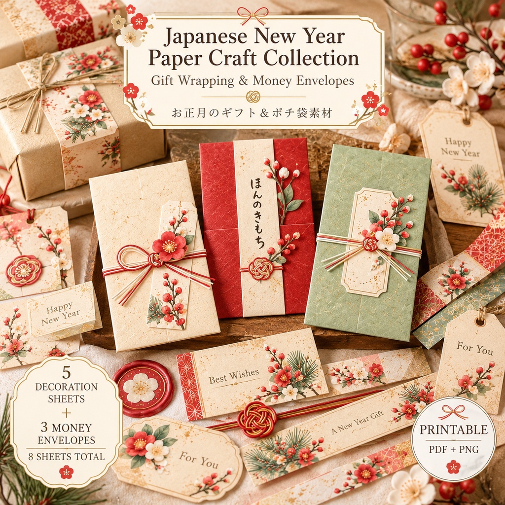 Japanese New Year Paper Craft Collection お正月のギフト＆ポチ袋 ペーパークラフト素材｜全8デザイン