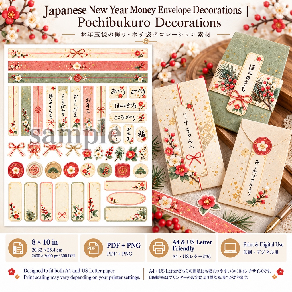 Japanese New Year Paper Craft Collection お正月のギフト&ポチ袋 ペーパークラフト素材|全8デザイン