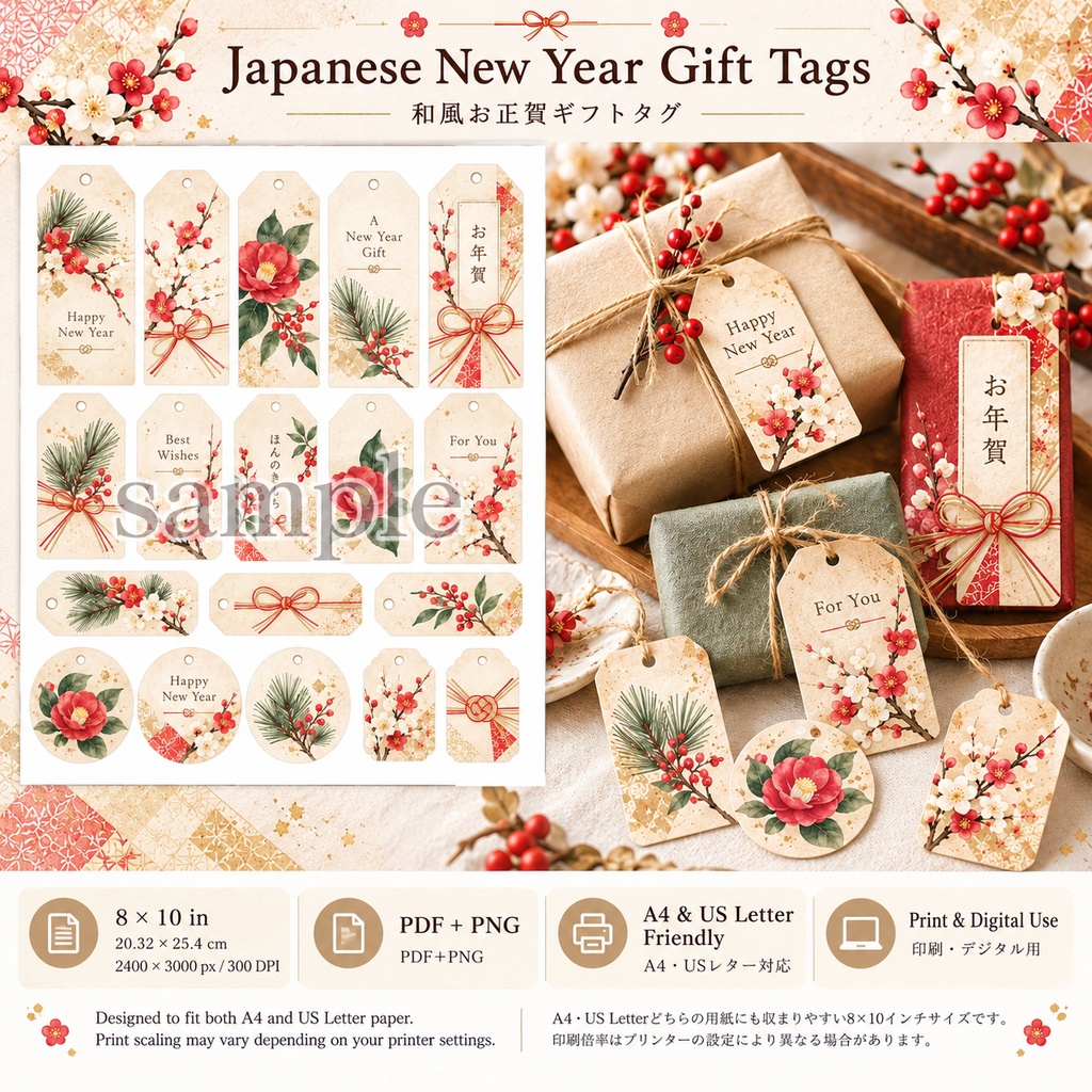 Japanese New Year Paper Craft Collection お正月のギフト&ポチ袋 ペーパークラフト素材|全8デザイン