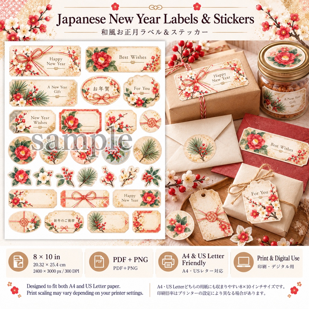 Japanese New Year Paper Craft Collection お正月のギフト&ポチ袋 ペーパークラフト素材|全8デザイン