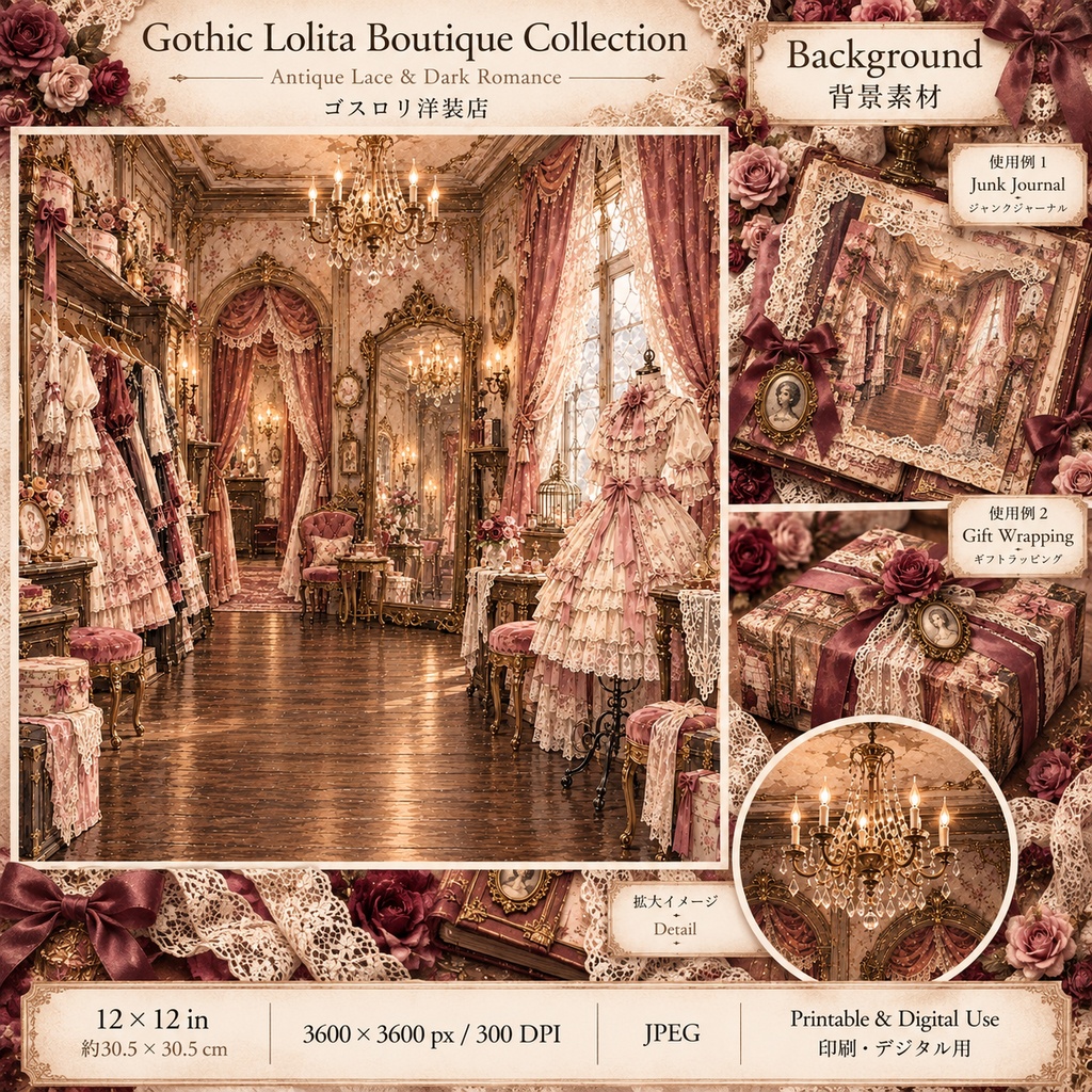 Gothic Lolita Boutique Collection|ゴスロリ洋装店|アンティークレースとクラシカルドレス|背景&パーツ素材15シート