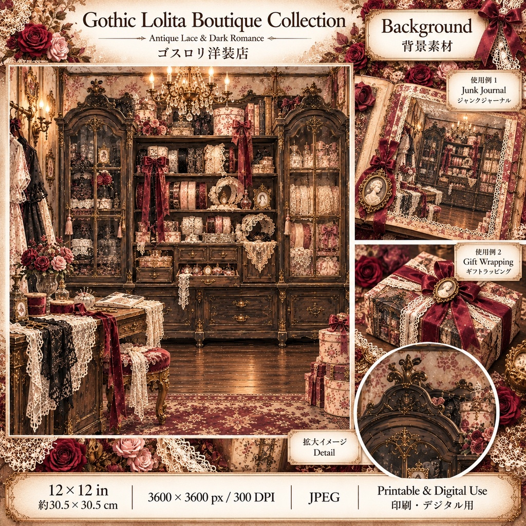 Gothic Lolita Boutique Collection|ゴスロリ洋装店|アンティークレースとクラシカルドレス|背景&パーツ素材15シート