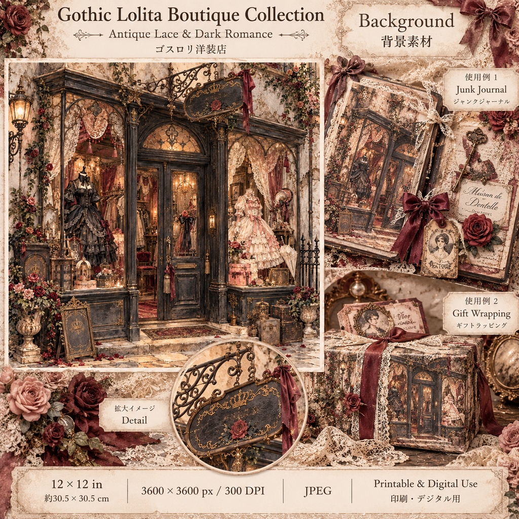 Gothic Lolita Boutique Collection|ゴスロリ洋装店|アンティークレースとクラシカルドレス|背景&パーツ素材15シート