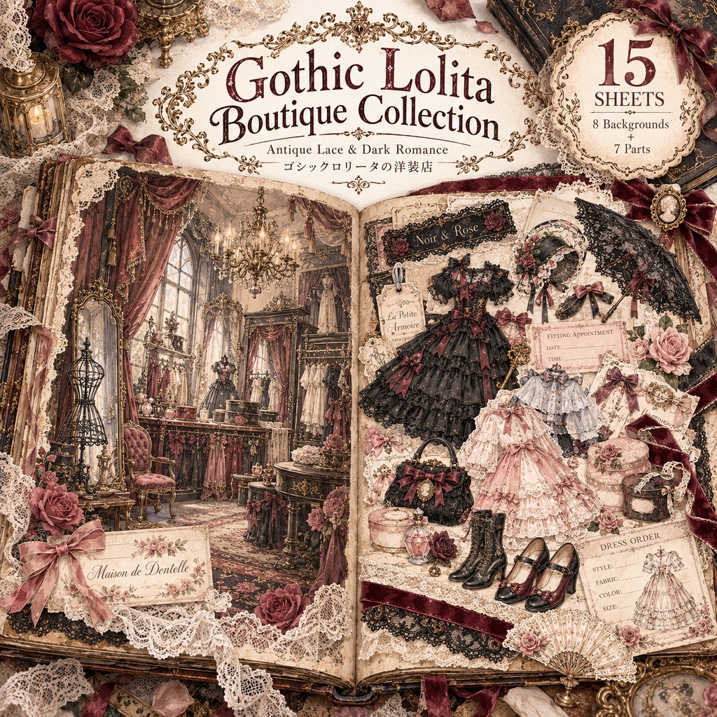 Gothic Lolita Boutique Collection｜ゴスロリ洋装店｜アンティークレースとクラシカルドレス｜背景＆パーツ素材15シート