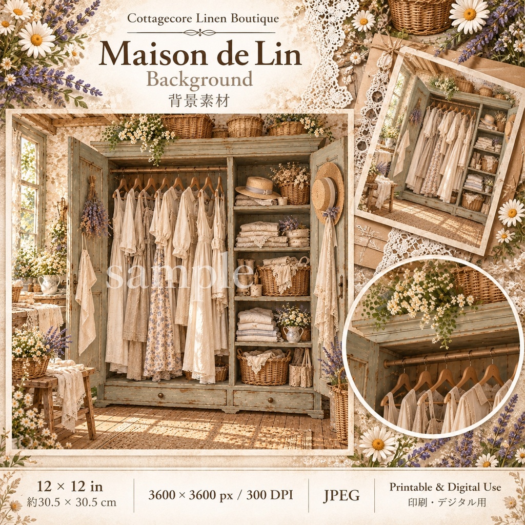 商品タイトル コテージコアの小さなリネン洋品店|Maison de Lin|背景8枚+パーツ7シート|ジャンクジャーナル・コラージュ素材